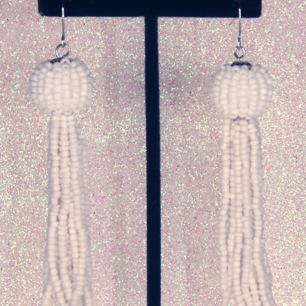 Dangle white seed bead tassels